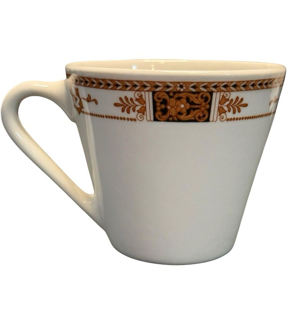 Syracuse China Syralite Coffee Cup Golden Brown & Black Scroll & Leaf Vintage